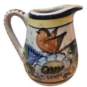 Vintage Tonala Mexican Pottery Pitcher Floral Birds Hand-Painted 6.5" Signed